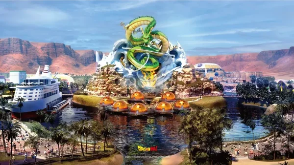 Illustration numérique du concept du parc d'attractions Dragon Ball Z près de Paris en France, représentant une grande statue verte du dragon Shenron s'élevant d'une île entourée d'eau avec un paquebot.