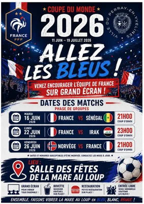 Affiche promotionnelle de la ville du Perray-en-Yvelines pour la retransmission en grand écran des matchs de la Coupe du monde 2026 de l'équipe de France, dont celui contre la Norvège.