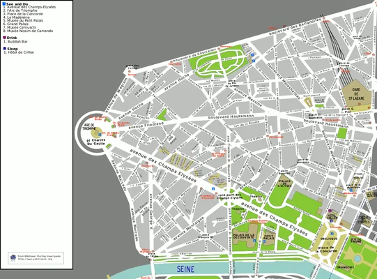 Extrait de la liste des voies du 8e arrondissement de Paris : carte numérique du quartier montrant des monuments comme l'Arc de Triomphe et les Champs-Élysées, accompagnée d'une légende des points d'intérêt.