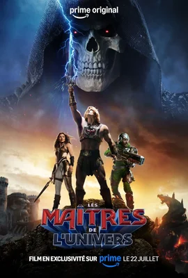 Affiche promotionnelle du film Les Maîtres de l'Univers (2026) sur AlloCiné, montrant He-Man, Teela, Man-At-Arms et Skeletor dans un compositage numérique avec titre et date de sortie.