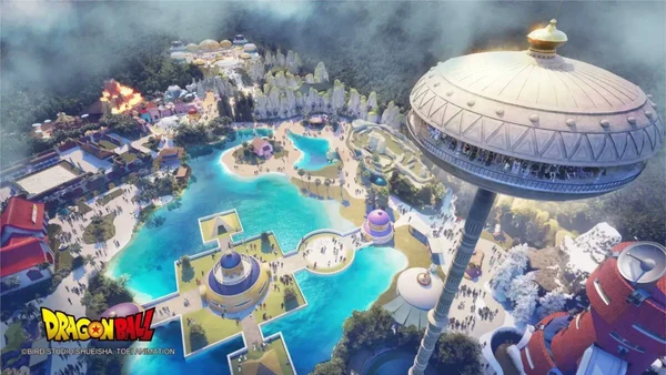 Rendu numérique promotionnel du projet de parc d'attractions Dragon Ball près de Cergy, présentant le bâtiment de la Capsule Corporation et le Lookout de Kami dans un paysage futuriste avec plans d'eau, bâtiments et foules.