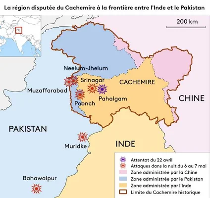 Infographie franceinfo : carte du Cachemire disputé entre l'Inde et le Pakistan, avec zones administratives colorées et icônes d'étoiles marquant des lieux d'attaques.