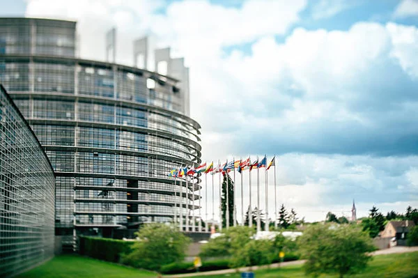 Vue du bâtiment Louise Weiss du Parlement européen à Strasbourg, avec sa façade vitrée courbe et une rangée de drapeaux des États membres de l'UE devant l'édifice.