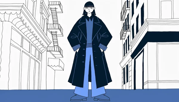 Illustration éditoriale plate d'un jeune adulte en milieu urbain portant trois couches de vêtements : une base fine, un pull à col et poignets visibles, et un trench ample, pour un look sobre et élégant.