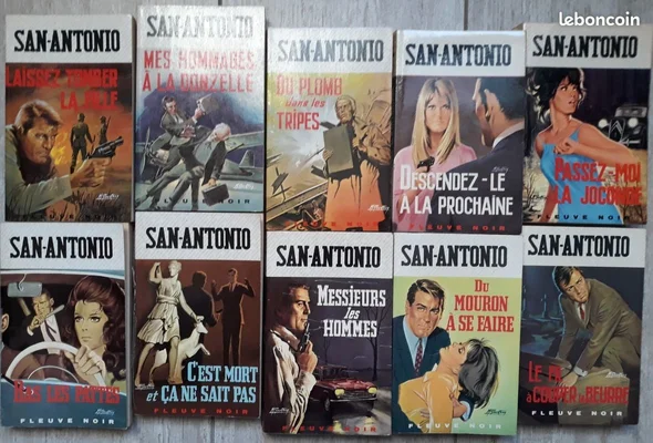 Lot de dix romans de la série San-Antonio à couverture Gourdon (tomes 2 à 18), photographiés en deux rangées, montrant des illustrations pulp et des titres comme 'Laissez tomber la fille' et 'Du plomb dans les tripes'.