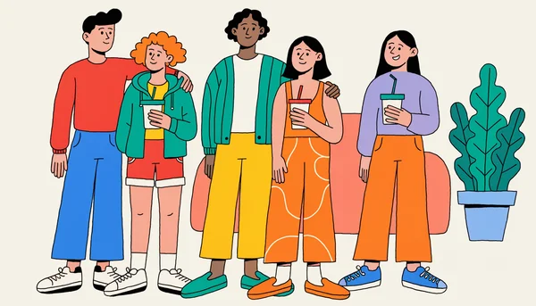 Illustration plate d'un groupe de cinq amis dans un salon simple, composé de deux couples proches et d'une personne seule souriante tournée vers le spectateur.