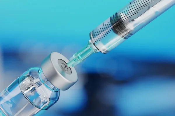Vaccin combiné contre la Covid-19 et la grippe de Moderna : gros plan sur une seringue insérée dans le bouchon en caoutchouc d'un flacon en verre contenant probablement le vaccin.