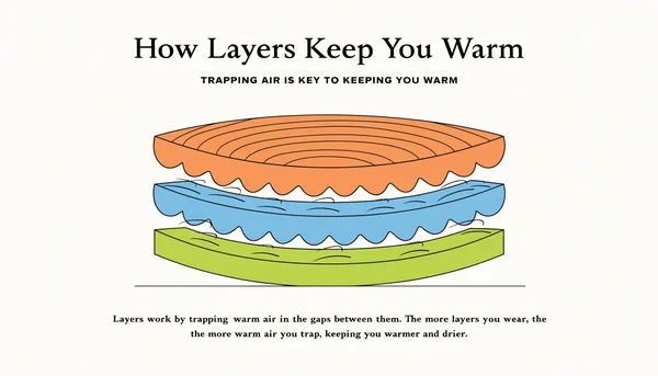 Schéma éditorial plat de trois couches fines superposées avec des poches d'air isolantes entre elles, illustrant le principe de rétention de chaleur du layering.