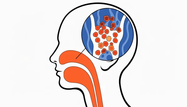 Illustration d'un profil de jeune adulte avec un agrandissement de la zone du nasopharynx colonisée par des bactéries responsables du portage du méningocoque.