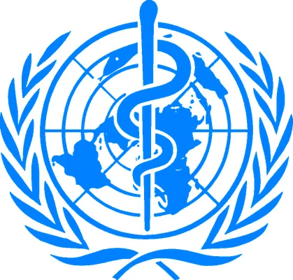 Emblème officiel de l'Organisation Mondiale de la Santé (OMS) : un bâton avec un serpent enroulé superimposé sur une carte du monde, le tout enveloppé dans une couronne de branches d'olivier.
