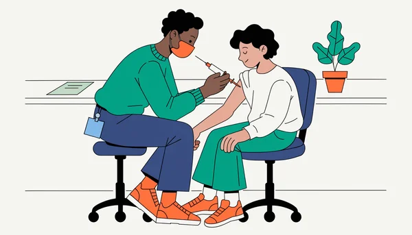Illustration d'un soignant administrant un vaccin contre le méningocoque dans le bras d'un adolescent.