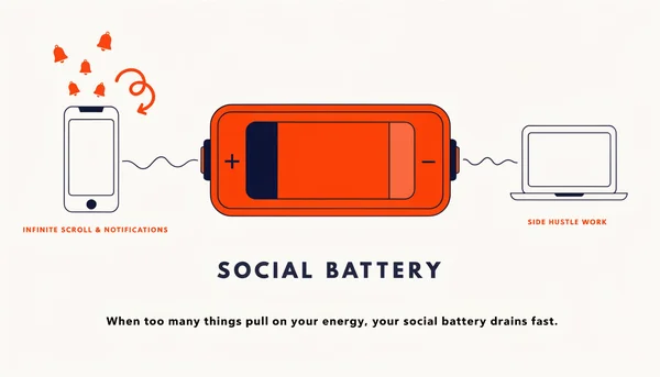 Illustration éditoriale plate : une batterie centrale à faible charge, drainée par un smartphone avec notifications et un ordinateur portable de side hustle, symbolisant la métaphore de la batterie sociale.