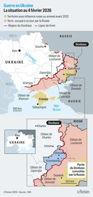 Carte de l'Ukraine montrant les lignes de front et les régions occupées dans le Donbass, illustrant la situation territoriale de la guerre