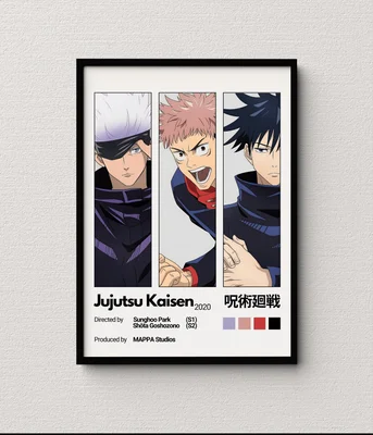 Affiche personnalisée de l'anime Jujutsu Kaisen sur Etsy, encadrée, montrant trois personnages en panneaux verticaux avec crédits et texte japonais en bas.