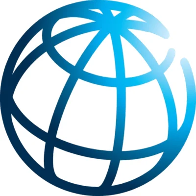 Le symbole de la Banque mondiale : un globe bleu et bleu clair avec des lignes courbes, sur fond blanc.