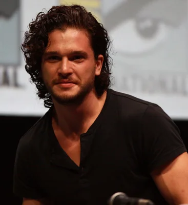 Kit Harington lors de la Comic Con 2013, homme aux cheveux bouclés sombres et à la barbe, portant une chemise henley noire, assis devant un écran de présentation flou.