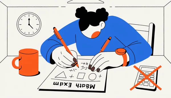 Illustration d'un élève en train de passer l'épreuve de mathématiques du brevet 2026, où les calculatrices ne sont pas autorisées, symbolisé par une croix sur l'appareil.