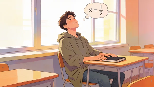 Même étudiant, désormais détendu à son bureau près d'une fenêtre, un long sweat posé sur les genoux, avec une bulle de pensée remplie de symboles mathématiques et de chiffres - illustration de la technique de distraction mentale (tables de multiplication) pour faire passer une érection en classe. Illustration flat, chaleureuse et moderne, aux couleurs vives.