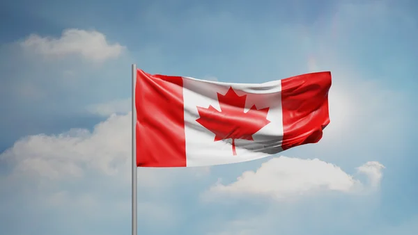 Drapeau du Canada réalisé en CGI, flottant sur un mât contre un ciel bleu avec des nuages blancs épars.