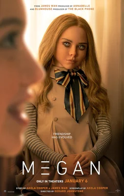 Affiche promotionnelle du film M3GAN où la poupée lifelike aux longs cheveux blonds et au nœud papillon rayé regarde un visage humain flou au premier plan.
