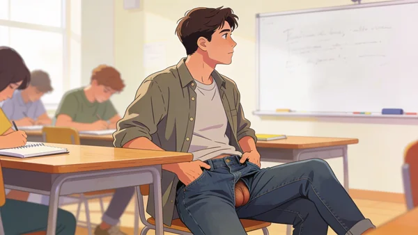 Jeune étudiant assis à son bureau en classe, jambes croisées et mains dans les poches de son jean, adoptant une posture discrète pour dissimuler une érection involontaire. Les autres élèves, flous à l'arrière-plan, travaillent sans le remarquer. Illustration flat, chaleureuse et moderne, aux couleurs vives.