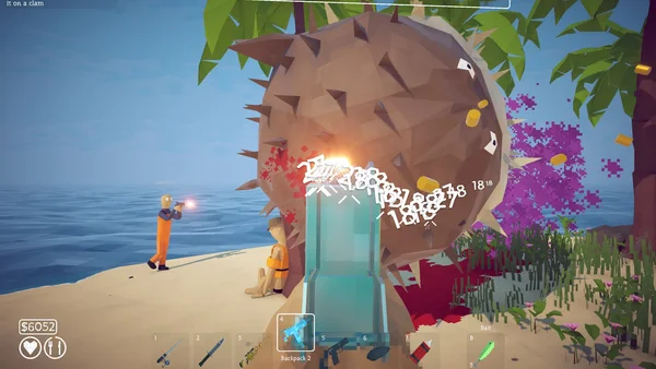 Capture d'écran du jeu How to Fish montrant un affrontement de boss : deux personnages low-poly sur une plage tirent sur une créature marine géante et épineuse, avec chiffres de dégâts et interface utilisateur visibles.