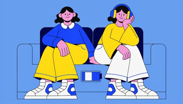 Illustration éditoriale plate : deux amis proches assis sur un canapé, l'un avec un casque audio, en contexte calme, avec une batterie qui se recharge, illustrant la reconnexion énergisante.