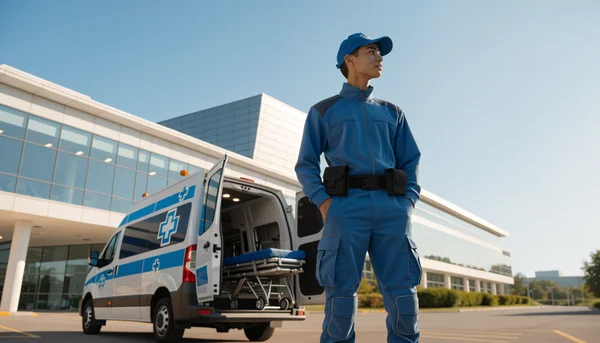 Illustration d'un jeune ambulancier en uniforme debout avec assurance à côté d'une ambulance blanche de transport sanitaire, brancard visible à l'arrière, sur un parking d'hôpital ensoleillé.