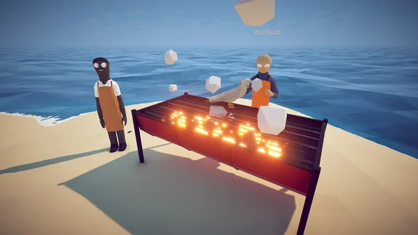 Capture d'écran de How to Fish montrant des joueurs faisant griller une créature sur une île : deux personnages low-poly sur une plage près d'un gril avec du texte lumineux visible.