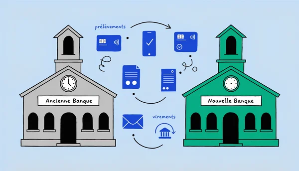 Illustration montrant le transfert automatique des prélèvements et virements d'une ancienne banque vers une nouvelle banque, symbolisé par des icônes en mouvement entre deux bâtiments bancaires.