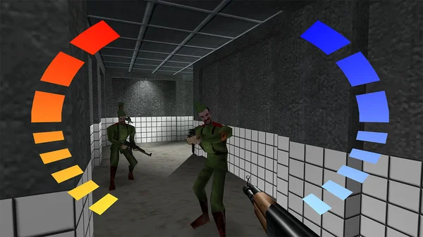 Capture d'écran du gameplay de GoldenEye 007 sur Xbox, montrant la vue à la première personne dans un couloir carrelé face à deux soldats.