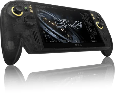 La console portable ASUS ROG Ally X20 édition spéciale avec un châssis noir translucide et des accents dorés, affichant un écran '20th Anniversary'.
