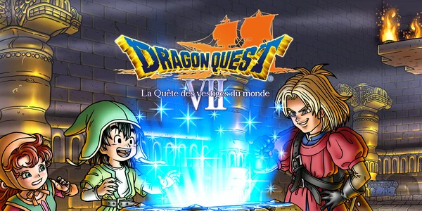 Illustration promotionnelle du jeu Dragon Quest VII : La Quête des vestiges du monde pour Nintendo 3DS, montrant trois personnages en style anime réunis autour d'un livre brillant dans une chambre de pierre, avec le logo du jeu et son sous-titre français en surimpression.