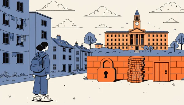 Un étudiant de milieu modeste, sac sur le dos, contemple une université au loin, séparé de celle-ci par un mur de blocs de béton surmonté d'un cadenas géant, d'une pile de pièces et d'une porte close, symboles des freins concrets – logement, coûts, accès – qui entravent l'accès aux études supérieures.