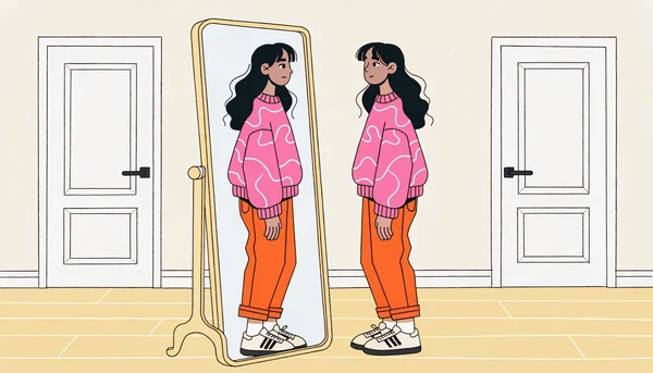 Illustration montrant une femme se regardant dans un miroir sans filtre, dans une chambre épurée, symbolisant le regard sur soi-même sans filtres numériques.
