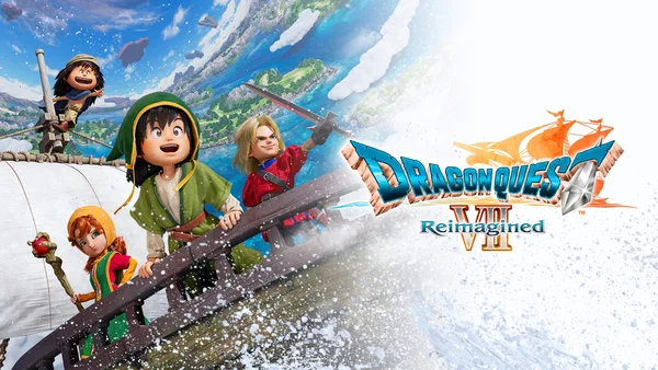 Image promotionnelle pour Dragon Quest VII Reimagined sur Nintendo Switch 2, représentant quatre personnages animés sur un bateau naviguant à travers un paysage océanique fantastique avec des îles flottantes.
