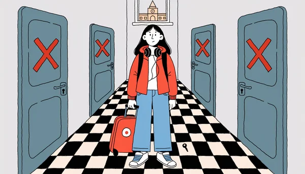 Une étudiante valise à la main fait face, dans un couloir, à une rangée de portes d'appartement closes marquées d'un grand X rouge, évoquant les refus de logement étudiant ; par la fenêtre au fond du couloir, l'université reste visible au loin.