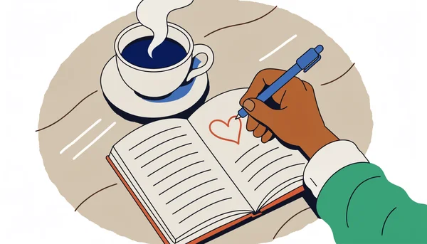 Illustration éditoriale en vue plongeante d'un carnet ouvert sur une table, où une main écrit une pensée de gratitude à côté d'une tasse de thé fumante. La scène minimaliste évoque un moment calme de réflexion et de notitude matinale.
