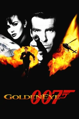 Affiche promotionnelle du film GoldenEye, avec Pierce Brosnan en James Bond pointant une arme, aux côtés d'Izabella Scorupco.