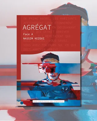 Affiche promotionnelle du recueil de poésie « Agrégat » de Nassim Kezoui, présentant un portrait stylisé en art glitch et le titre en français