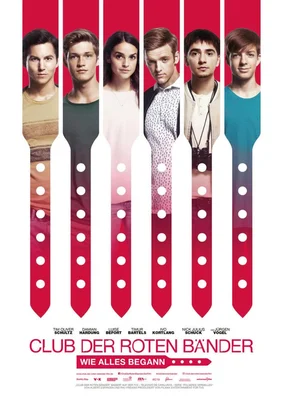 Affiche promotionnelle de la série télévisée allemande 'Club der roten Bänder' avec six jeunes acteurs dans des rubans rouges sur fond blanc.