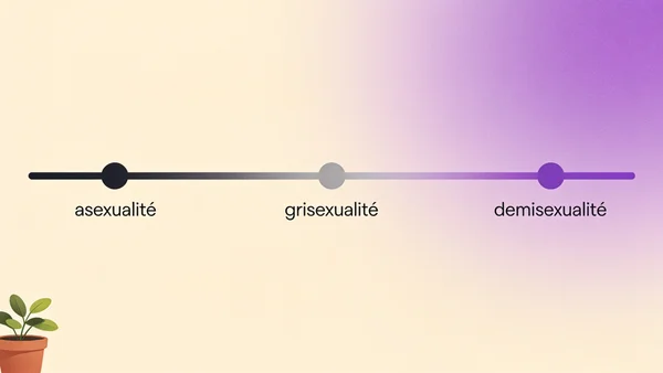 Schéma illustré du spectre asexuel : une ligne en dégradé du noir profond au violet, avec trois repères étiquetés "asexualité", "grisexualité" et "demisexualité", montrant que l'attirance sexuelle peut être absente, rare ou conditionnelle.