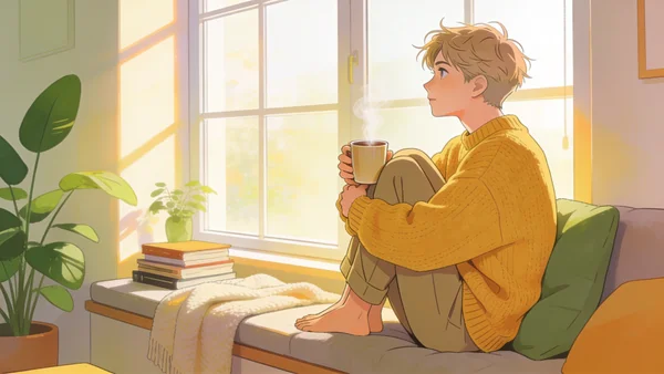 Un·e jeune adulte à l'allure androgyne, assis·e sur une banquette près d'une grande fenêtre, une tasse fumante entre les mains, le regard paisible tourné vers l'extérieur. L'illustration évoque l'introspection sereine derrière la question « suis-je asexuel·le ou est-ce une baisse de libido ? », sans souffrance ni angoisse.