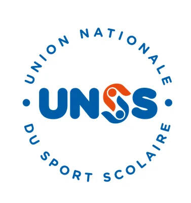 Logo de l'Union Nationale du Sport Scolaire (UNSS) avec l'acronyme en bleu et orange, une figure stylisée et le nom complet dans un arrangement circulaire.
