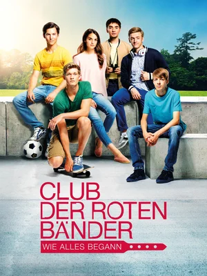 Affiche promotionnelle de la série "Club der roten Bänder : Wie alles begann" sur Prime Video, montrant un groupe de six adolescents posant ensemble à l'extérieur.