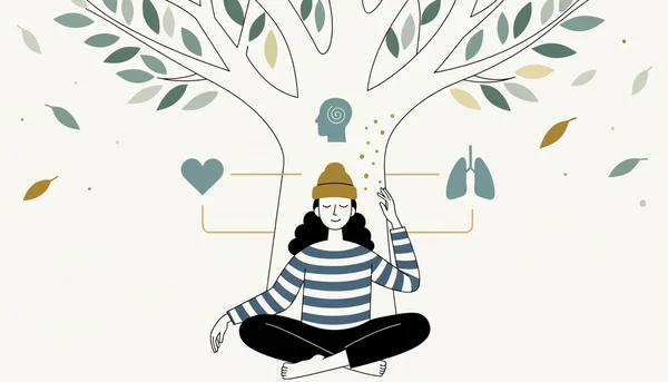 Illustration au style infographique : une personne assise au pied d'un arbre, main sur l'écorce, reliée par de fines lignes à trois pictogrammes plats - cœur, tête et poumons - tandis que des particules dorées, les phytoncides, flottent des feuilles vers son corps.
