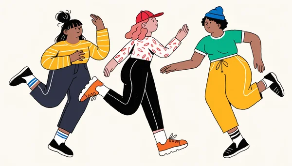 Illustration de trois femmes aux morphologies diverses pratiquant une activité physique joyeuse, illustrant le concept de neutralité corporelle axé sur les capacités du corps.