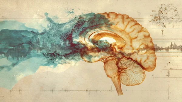 Illustration composite numérique d'un dessin anatomique vintage de cerveau humain se dissolvant en paysage d'aquarelle bleue à gauche, superposée d'une forme d'onde audio numérique