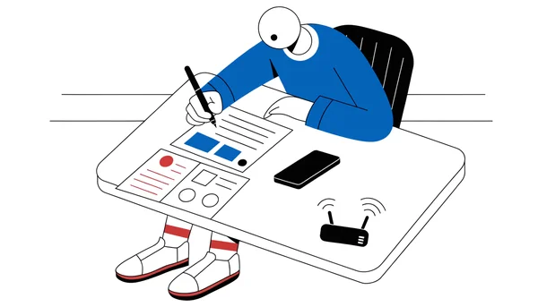 Illustration plate en 2D d'une personne assise à un bureau à domicile préparant son appel, comparant sa facture actuelle et une offre concurrente imprimée posées côte à côte, stylo en main et smartphone à proximité, avec un petit boîtier internet sur le bureau, vue en trois-quarts plongeante, ambiance ordonnée et concentrée.