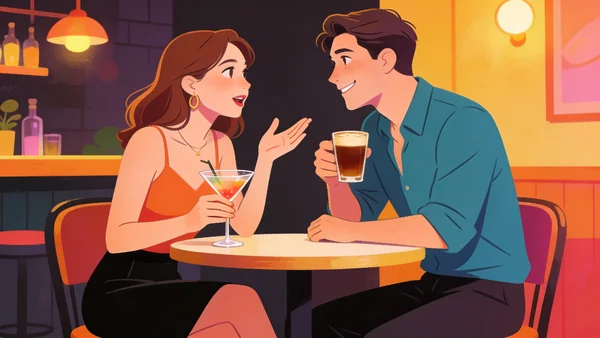 Un jeune homme et une jeune femme, tous deux habillés, assis à une table dans un café. Ils tiennent leurs verres et se penchent l'un vers l'autre, la femme parlant avec animation et l'écoutant attentivement, montrant l'importance de l'écoute et de la présence lors d'un premier rendez-vous réussi.